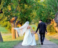 Gli sposi si allontano per il servizio fotografico immerso nel verde