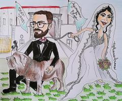 Caricatura personalizzata sposi con cane mastino napoletano