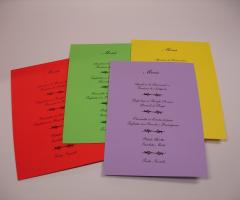 Menu stampati ad un colore nero ma su carta colorata, per dare un tocco di allegria al vostro ricevimento nuziale. Stampa Digitale