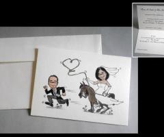 partecipazione nozze con disegno sposa su cavallo che prende sposo al lazo