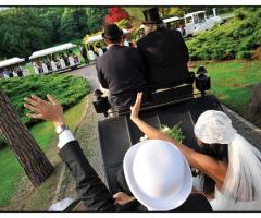 Foto degli sposi che salutano dalla carrozza