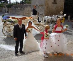 Gli sposi in posa fotografica con la carrozza con due cavalli bianchi sullo sfondo