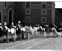 Gli sposi in carrozza d'epoca con quadriglia di cavalli bianchi