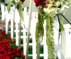 Allestimento di rose per la cerimonia all'aperto