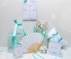 Grafica & Artigianato - 
gabbietta portalettere, segnatavolo, tableau, ventagli, potaconfetti, cuscito delle fedi e invito Tiffany