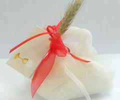 Sacchettini porta confetti in tulle con spiga di grano, adatto per prime comunioni