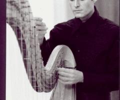 Andrea Bonaldo mentre suona la sua arpa