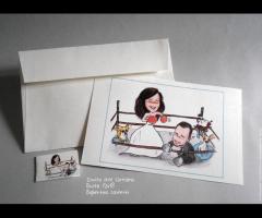 partecipazione nozze con disegno sposi su ring assieme a loro cani