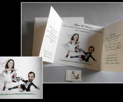 partecipazione nozze con disegno sposi calciatori e tifosi di milan e inter