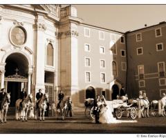 Carrozza d'epoca con quadriglia di cavalli bianchi per un matrimonio