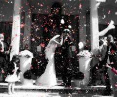 Fotografia del lancio dei petali dopo la cerimonia di nozze