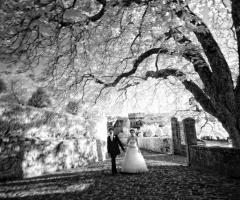 Gli sposi passeggiano per il parco del castello