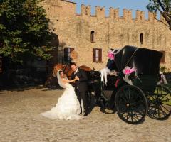 Gli sposi con la carrozza addobbata per il matrimonio