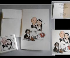 partecipazione nozze e scatolina confetti con disegno sposa in braccio a sposo e loro cane