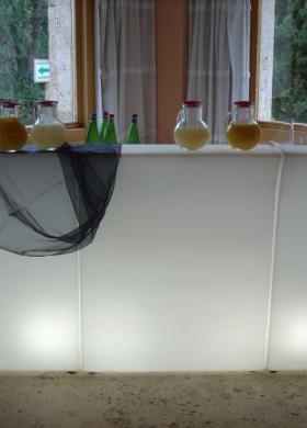 Allestimento per il cocktail di nozze su bancone scenografico