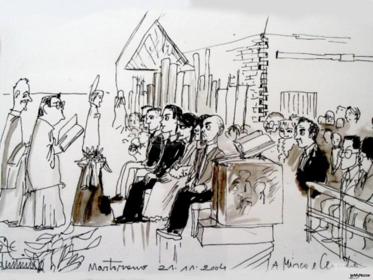 Caricatura degli sposi e degli invitati in chiesa